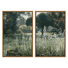 two paintings of flowers and trees in a field