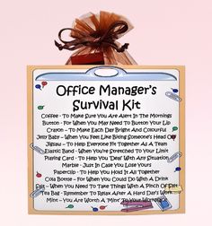 an office manager's survival kit hanging on a wall with a ribbon around it