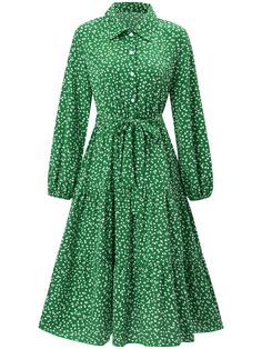 Printed Lace-Up Long-Sleeved Dress - Green,M Casual Green A-line Shirt Dress, Green A-line Long Sleeve Dress For Spring, Casual Long Sleeve Dress For Spring, Casual Green Long Sleeve Shirt Dress, Spring Long Sleeve Midi Dress, Green A-line Midi Dress For Fall, Green Long Sleeve Dress For Fall, Green Casual Shirt Dress For Fall, Casual Green Long Sleeve Maxi Dress