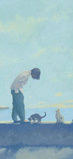 a painting of a man and two cats