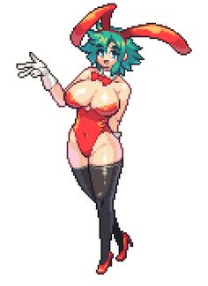 a pixel art style character with green hair and red top, wearing black tights