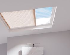 a bathroom with a skylight above the toilet