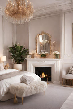 a white bedroom with a fireplace and chandelier