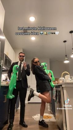 a man and woman dressed up as monsters in a kitchen with the caption last minute halloween costume idea