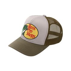 the bass pro shops trucker hat in grey and khaki green is shown