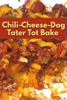 chili cheese dog tater tot bake on a white plate with the title overlay