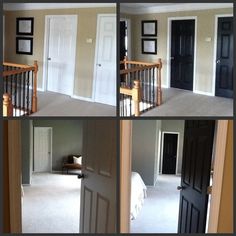 four pictures of the inside of a house with black doors and white carpeted floors