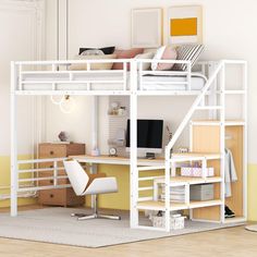 a loft bed with desk underneath it in a room that is painted yellow and white