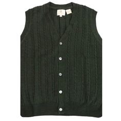 Extra Fine 'Zegna Baruffa' Merino Wool Button-Front Cable Knit Sleeveless Sweater Vest in Dark Green by Viyella Luxury Classic Men's Sweater Vest, Casual Fitted Wool Sweater Vest, Classic Winter Sweater Vest With Button Closure, Classic Fall Vest With Buttons, Classic Sweater Vest With Button Closure For Fall, Casual Sleeveless Wool Cardigan, Fitted Sleeveless Wool Sweater, Sleeveless Knit Vest With Button Closure, Casual Wool Vest With Buttons