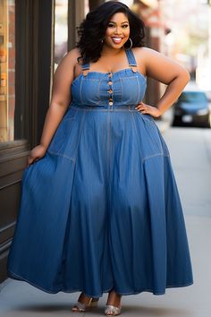 Xpluswear Design Plus Size Daily Blue Button Overall Tencel Denim Maxi Dresses [Pre-Order] Cami Pattern, Curvy Casual Outfits, Summer Tips, Dresses Occasion, Tencel Denim, Casual Dresses Plus Size, Plus Size Summer Outfits, Denim Maxi Dress, Denim Overall Dress