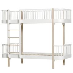 a white bunk bed with stairs on the bottom and upper level, against a white background