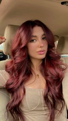 Cherry Red Hair With Long Layers, Hair Dye Ideas For Brown Eyes, Cherry Red Hair With Layers, Dark Red Hair With Curtain Bangs, Wine Red Hair With Bangs, Dark Red Hair Brown Eyes, Sangria Hair Color, Burgundy Copper Hair, Dyed Dark Hair