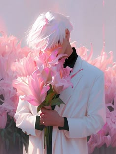 a painting of a man with white hair holding pink flowers