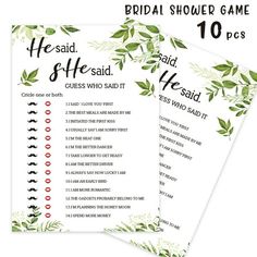 two printable bridal shower game for brides and grooms with green leaves