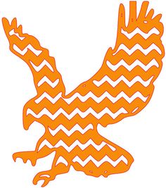 an orange eagle with chevron lines on it's body and wings, flying in the air