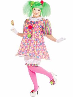 a woman dressed as a clown with green hair and pink tights, holding a donut