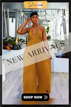 Solid Halter V Neck Loose Wide Leg Jumpsuit Chic Strapless V-neck Jumpsuit For Summer, Casual Strapless Jumpsuit For Summer Date Night, Summer Strapless V-neck Jumpsuit, Beach Season Party V-neck Jumpsuits And Rompers, Yellow Summer Jumpsuits And Rompers For Party, Yellow Summer Party Jumpsuits And Rompers, Summer Yellow Party Jumpsuits And Rompers, Summer Halter Neck Jumpsuits And Rompers, Solid Jumpsuits And Rompers For Beach Party