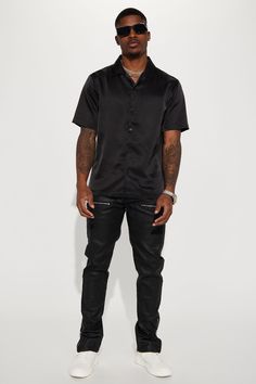 Model Height: 6'1 - Wearing Large Big & Tall: Height 6'5 - Wearing XXL Available In Black. Fold Down Collar Front Button Closure Short Sleeve 100% Polyester Imported | Mens Links Satin Short Sleeve Button Up Shirt in Black size 3XL by Fashion Nova Short Sleeve Buttoned Tops For Streetwear, Streetwear Short Sleeve Tops With Buttons, Short Sleeve Tops With Buttons For Streetwear, Collared Shirt With Button Closure For Streetwear, Black T-shirt With Button Closure For Spring, Black Button Closure T-shirt For Spring, Black Spring T-shirt With Button Closure, Spring Black T-shirt With Button Closure, Streetwear Button-up Shirt With Snap Buttons