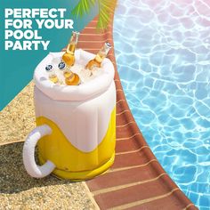 an inflatable beer cooler next to a swimming pool with the words perfect for your pool party