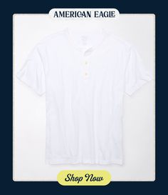 Super soft cotton jersey/Crew neck with 3-button placket/Short sleeves/Straight hem/This shirt is Real Good: Made with the planet in mind & a promise to continue to do better. Henley T Shirt, Do Better, Button Placket, American Eagle Outfitters, Women's Jeans, American Eagle, Women Jeans, Short Sleeves, Crew Neck