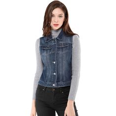 Allegra K keep us effortlessly cool with this washed denim vest, which is complete with a turn down collar, flap pockets and a buttoned placket. Look at this versatility denim vest that is forever classic outfits for women. Denim vest is very easy to wear and style, as you can easily combine it with almost every outfit. This is great for covering your casual, street style basics. Teaming it with your favorite shorts, dresses and skirts. Size: large. Color: blue. Gender: female. Age Group: adult. Classic Fitted Denim Vest With Pockets, Classic Fitted Denim Vest For Spring, Casual Denim Blue Vest For Fall, Classic Fitted Denim Vest, Medium Wash Denim Vest Top For Fall, Fall Medium Wash Denim Vest Top, Classic Fitted Denim Top With Pockets, Fitted Denim Vest With Button Closure For Fall, Classic Fitted Denim Vest For Fall