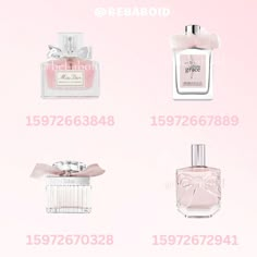 four different perfume bottles with bows on the top and bottom, all labeled in pink