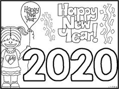 a happy new year coloring page with a girl holding a balloon and the words happy new year