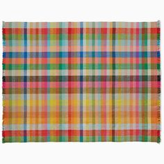 a multicolored plaid rug with fringes on the bottom, and two different colors