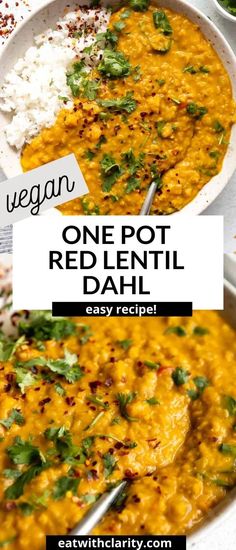 one pot red lentil dali with rice and cilantro on the side