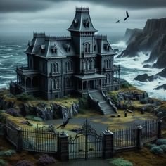 an image of a creepy house on the shore with seagulls flying over it