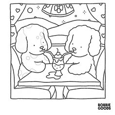 a coloring page with two dogs eating food