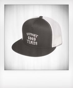 Original Support Good Times Logo mesh five panel snapback trucker hat in black, and black with white mesh. Embroidered design, high profile 3 3/4" crown, flat visor, and matching plastic snap. Support Logo, Swag Ideas, Black And Black, Five Panel, White Mesh, Embroidered Design, Good Times, Trucker Hat, Baseball Hats