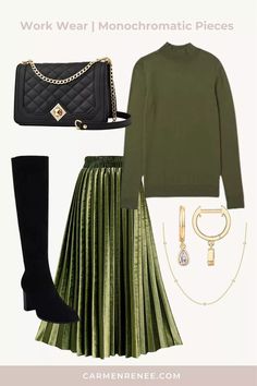 January look book! Pleated midi skirt, turtleneck, Crossbody purse, gold earrings, gold necklace, knee-high boots #LTKfit#LTKSeasonal#LTKstyletip Blue Jean Skirt Outfit, Work Fashion Office, Outfit Ideas Work, Pleated Midi Skirt, Work Fashion, Outfit Idea, Boss Babe, Crossbody Purse