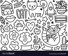 black and white doodle style illustration of various cute cartoon animals, plants and flowers