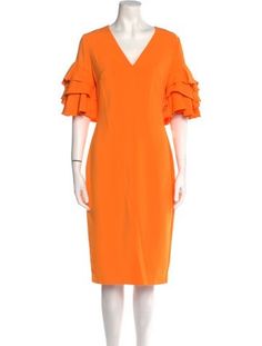 Badgley Mischka Sheath DressOrangeShort Sleeve with V-NeckConcealed Zip Closure at BackDesigner Fit: Dresses by Badgley Mischka typically fit slim, those with a curvy figure may wish to take one size up. Vintage Holiday Dress, Midi Length Dress, Coat Pant, Badgley Mischka, Holiday Dresses, Kids Design, Sweater Accessories, Sneakers For Sale, Handbags On Sale