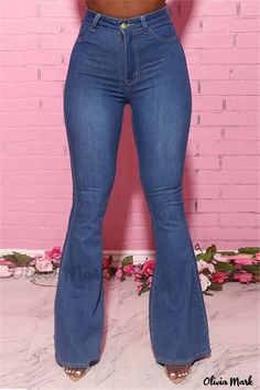 Olivia Mark - Premium Deep Blue Solid High-Waist Jeans for Womens Plus Size Fashion Denim Pants Women, Flare Leg Jeans, Boot Cut Denim, Women Denim Jeans, Denim Flares, Boot Cut Jeans, Plus Size Jeans, White Fashion, Denim Outfit