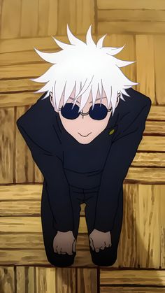 an anime character with white hair and black glasses sitting on the floor in front of wooden planks