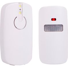 two white electronic devices with red lights on them, one is plugged into the wall