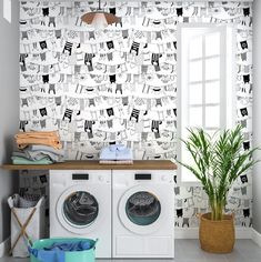 a washer and dryer sitting in front of a window next to a potted plant