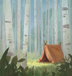 a painting of a tent in the woods