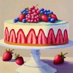 a painting of a cake with strawberries and blueberries on top