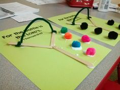 two pieces of paper with different colored pom - poms on them sitting on a table