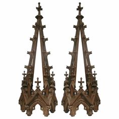 pair of antique wooden gothic architectural brackets with crosses