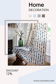 a curtain with blue and white tie - dye on it in front of a fireplace