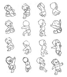 an image of babys and babies in different positions on a white background, with black ink