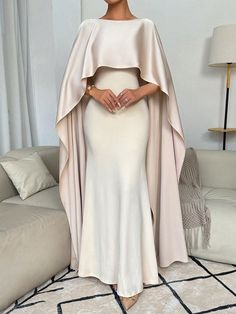 Apricot  Collar Cap Sleeve Knitted Fabric Plain Fitted Embellished Medium Stretch  Women Clothing Shawl For Dress Formal, Evening Dress With Shawl, Clothes For Slim Women, Arabic Outfits For Women, White Silk Outfit, Shawl With Dress, Fine Dining Outfit Women, Elegant Dresses Classy Modest, Long Silk Dresses