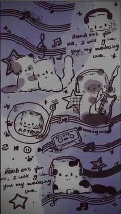 an image of cats and music notes on a purple background with stars, stripes, and lines