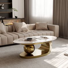 a living room with a couch, coffee table and windows