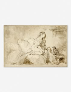 a drawing of a woman laying on top of a bed next to a small dog