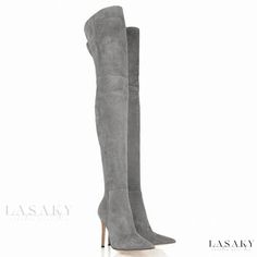 Lasaky - Sophisticated Gray Suede Over-the-Knee Stiletto Boots with Pointed Toe Grey Thigh High Boots, Suede Thigh High Boots, Womens Thigh High Boots, Pointy Toe Boots, Thigh High Heels, Popular Boots, High Heel Boots Knee, Pointed Toe Boots, Stiletto Boots